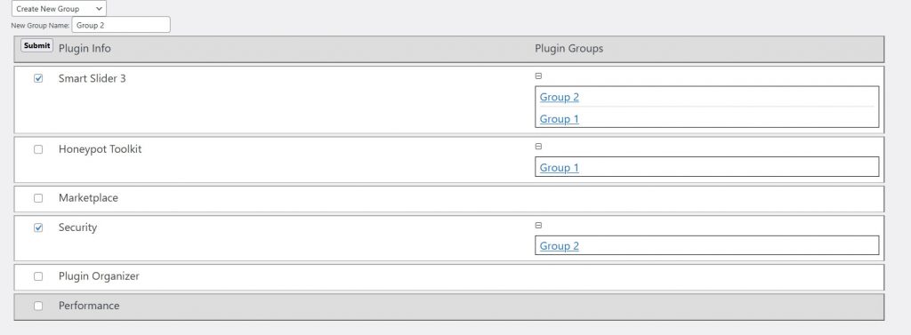 Create plugin group screen