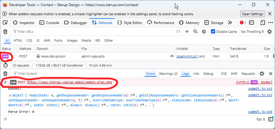 Browser console displaying ajax error