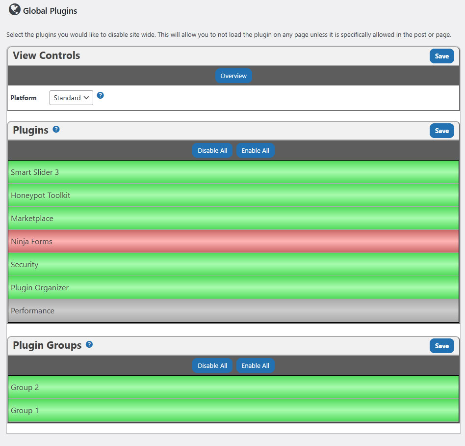 Plugin Organizer global plugins page